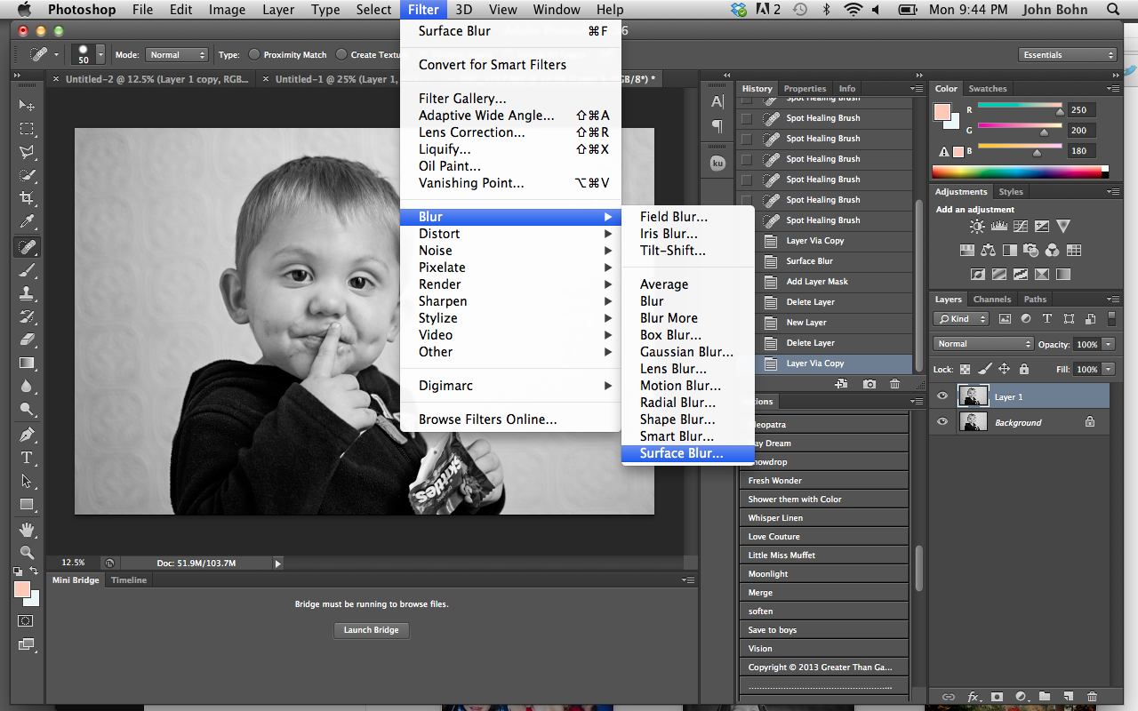 Murfreesboro Child photographer edit Step 6: Here I do just a little skin smoothing, nothing crazy, just a hint. This is where I create a background copy by simply hitting command (mac) or ctrl (pc) J. I then choose filter> Blur > Surface Blur.