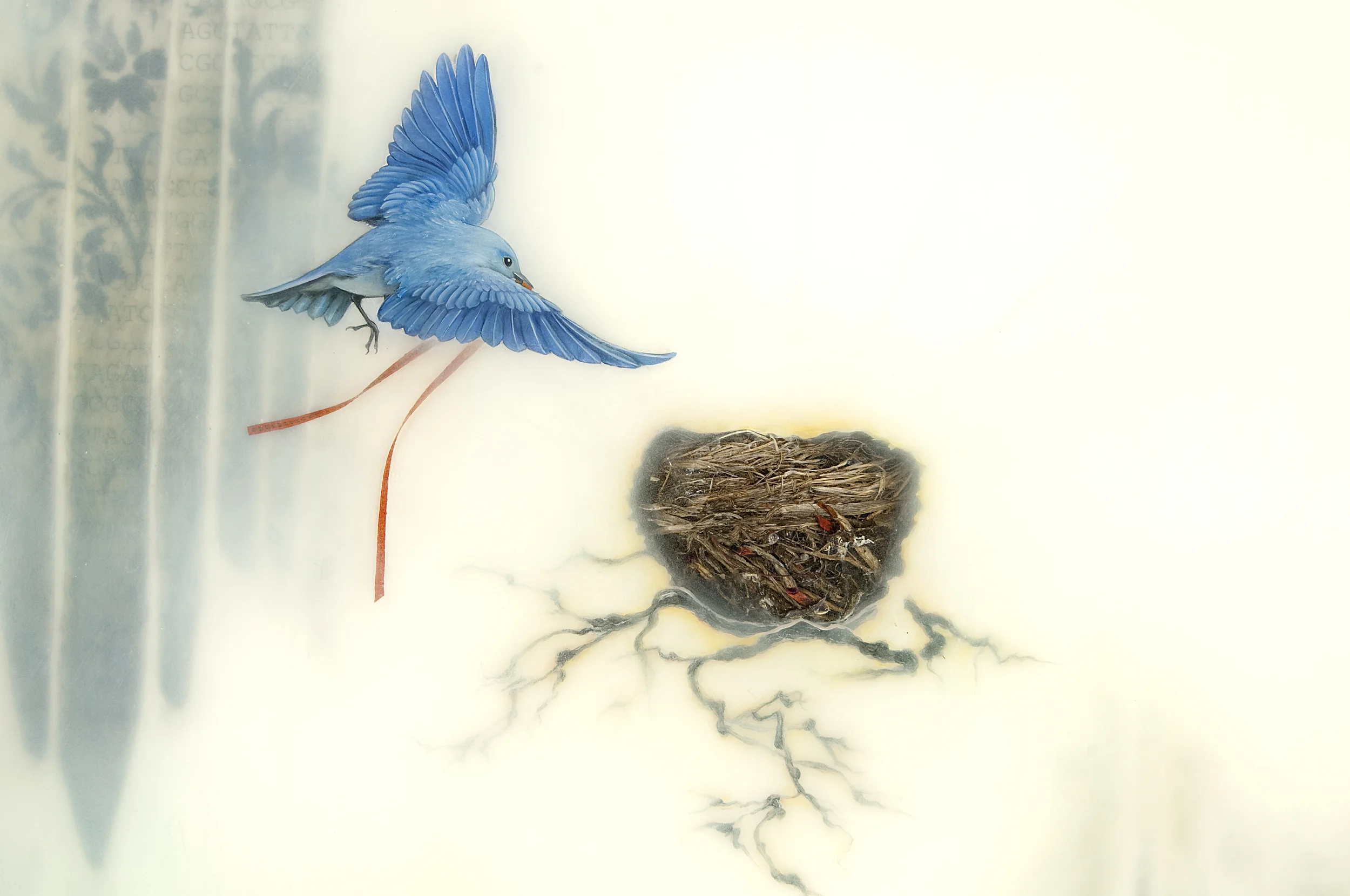   Detail of imbedded bird's nest, which has a red ribbon woven through it. &nbsp;The same ribbon is in the bird's mouth and the water, below. &nbsp;   &nbsp;  &nbsp; 