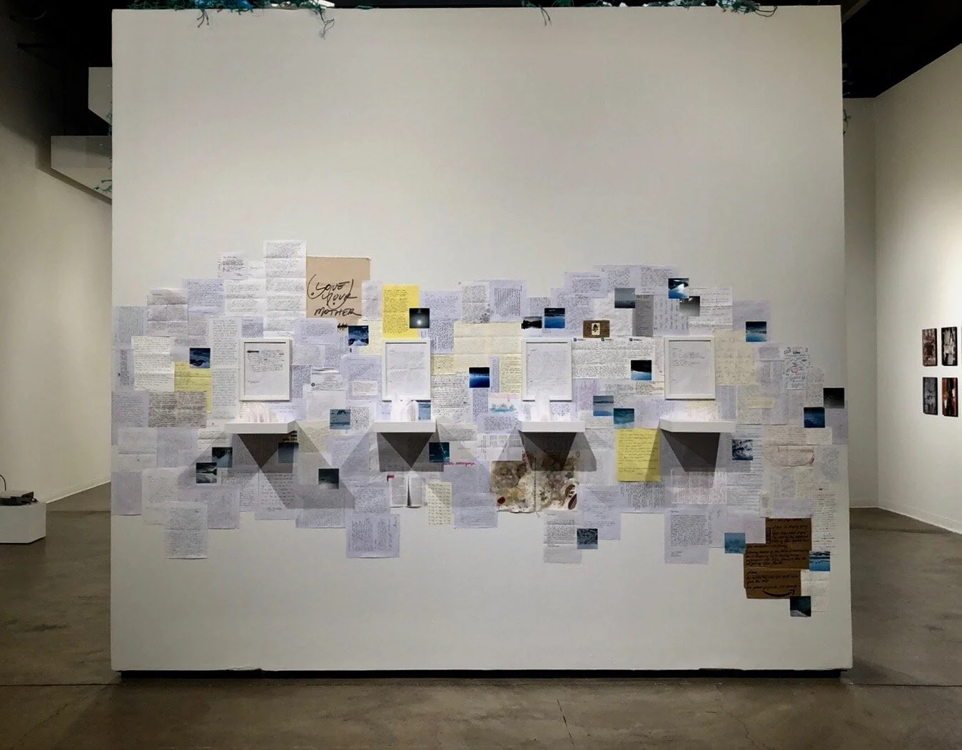   Everything is Fine   (letter side of wall)  Handwritten letters, shelves, 3D printed bio-poems (selected letters were turned into 3D modeled proteins and printed in PLA plastic)  2020, installed at RedLine Contemporary Art Center  12 x 11 feet  Bio