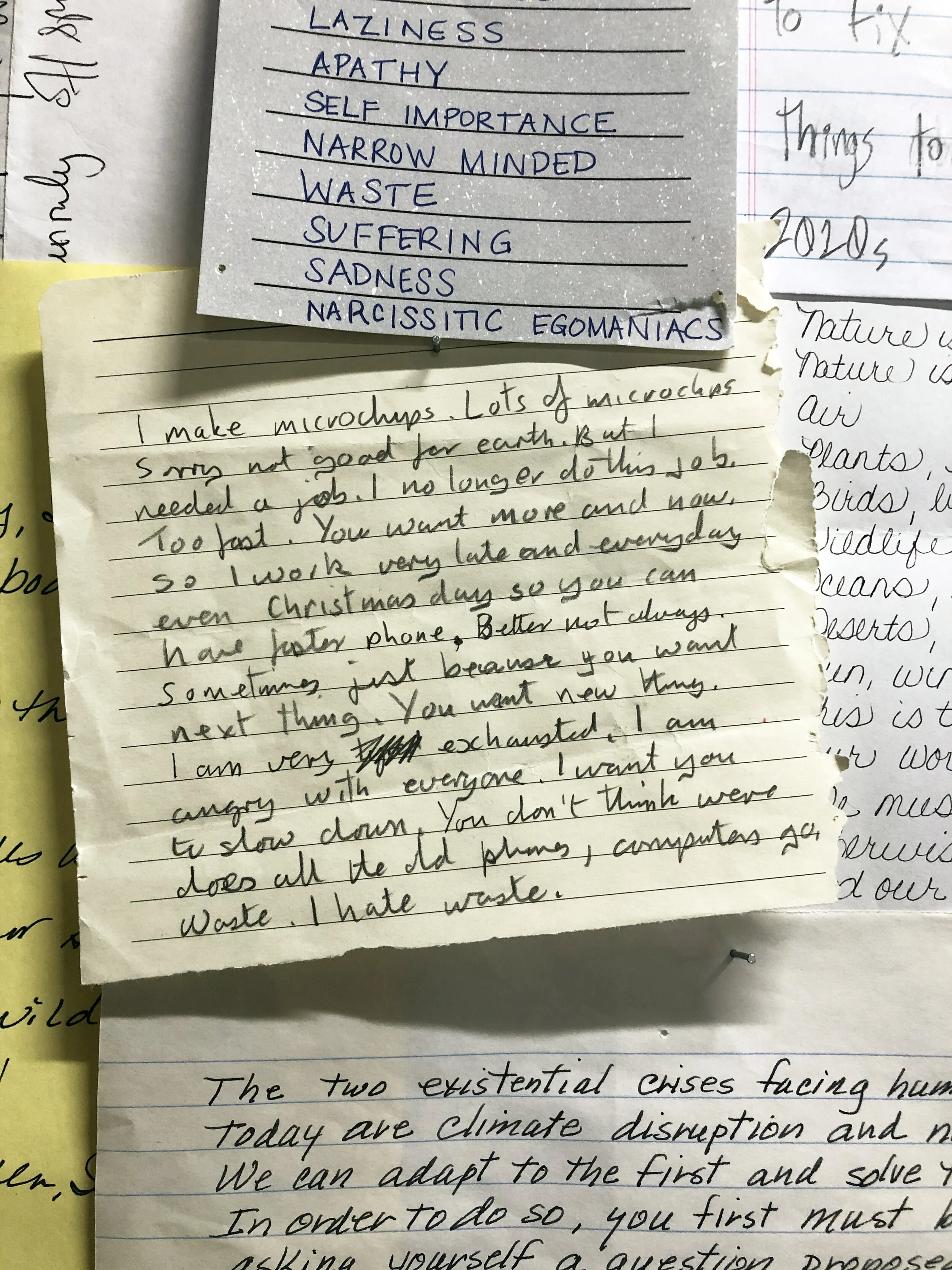   Everything is Fine   2019  Letters    First exhibited in 2019, this letter project has since expanded to include over 200 voices. Guests are encouraged to reflect upon their relationship with the natural world and the impact of climate change, and 