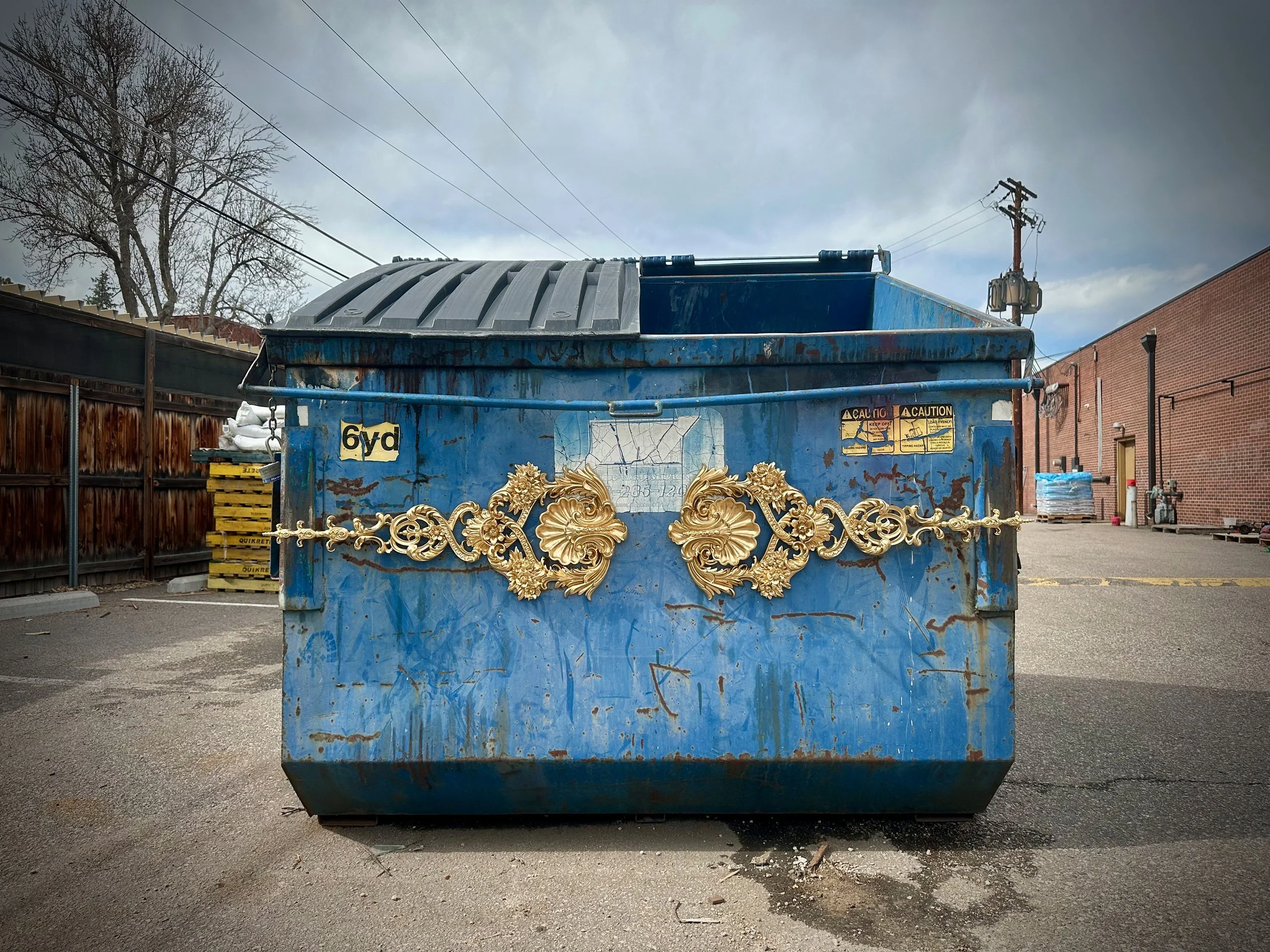    SO RICH      Gold decorative embellishments (as seen in the Oval Office) on a dumpster.     2025     My current body of work addresses the idea of the new “Gilded Age.” This term, repeatedly mentioned in speeches by the US president in 2025, refer