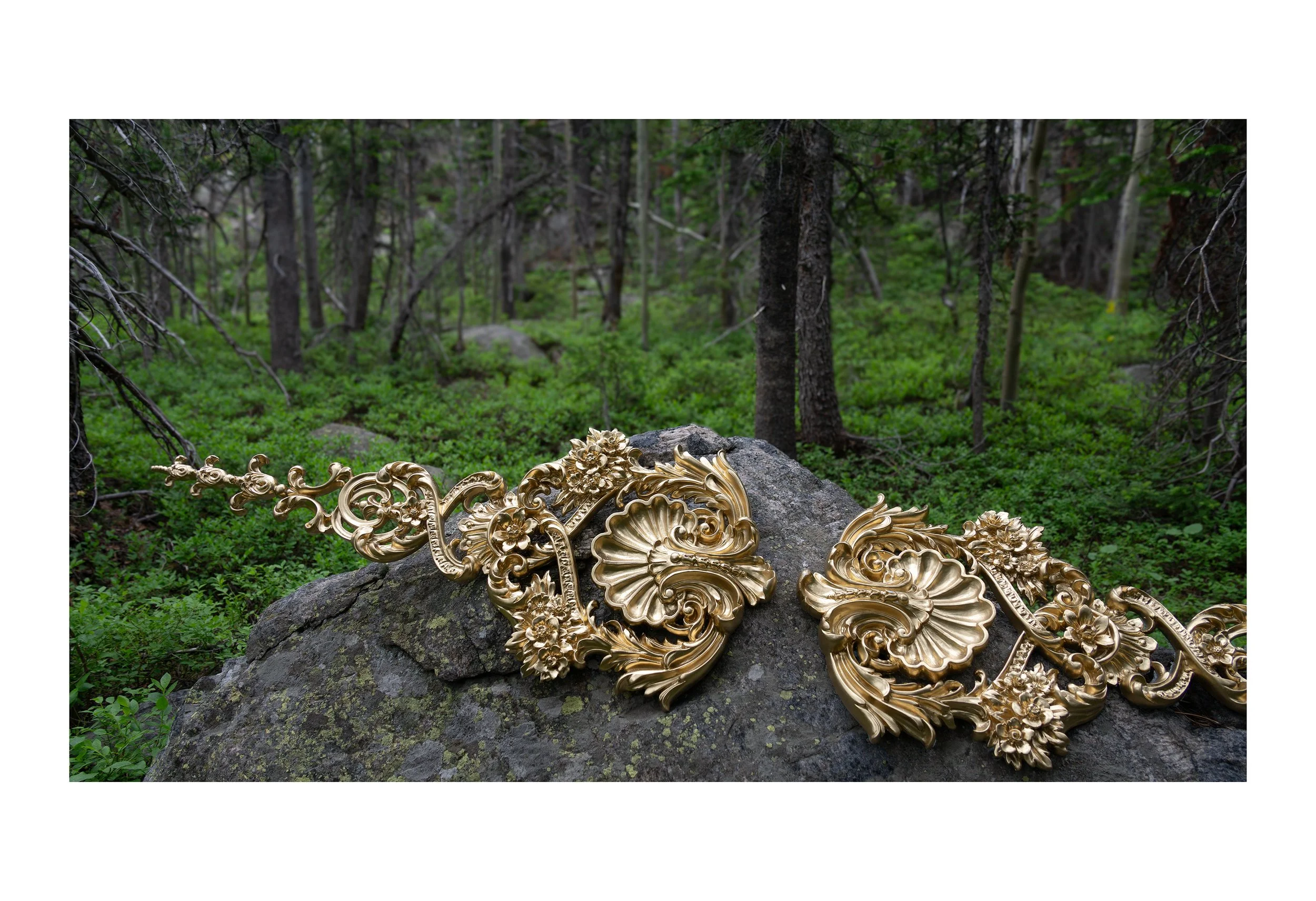    Image: LAND GRAB     Gold decorative embellishments (as seen in the Oval Office) photographed in Rocky Mountain National Park.    2025     MY WORK  Many pieces in this body of work utilize the same gilded baroque embellishments found all over the 
