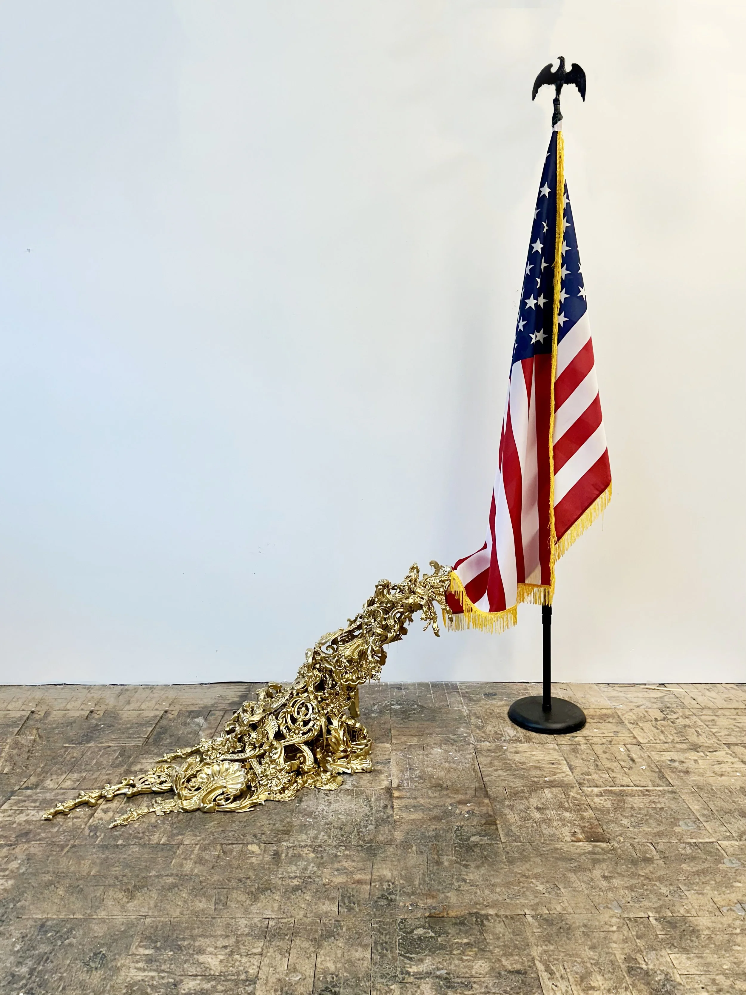    Manifest Destiny      Plastic, spray paint, glue, American flag, flag pole.     84 × 24 × 90 inches    2025     According to   US flag code  , the flag has many rules. In practice, they are more suggestions and traditions; they are not enforced by