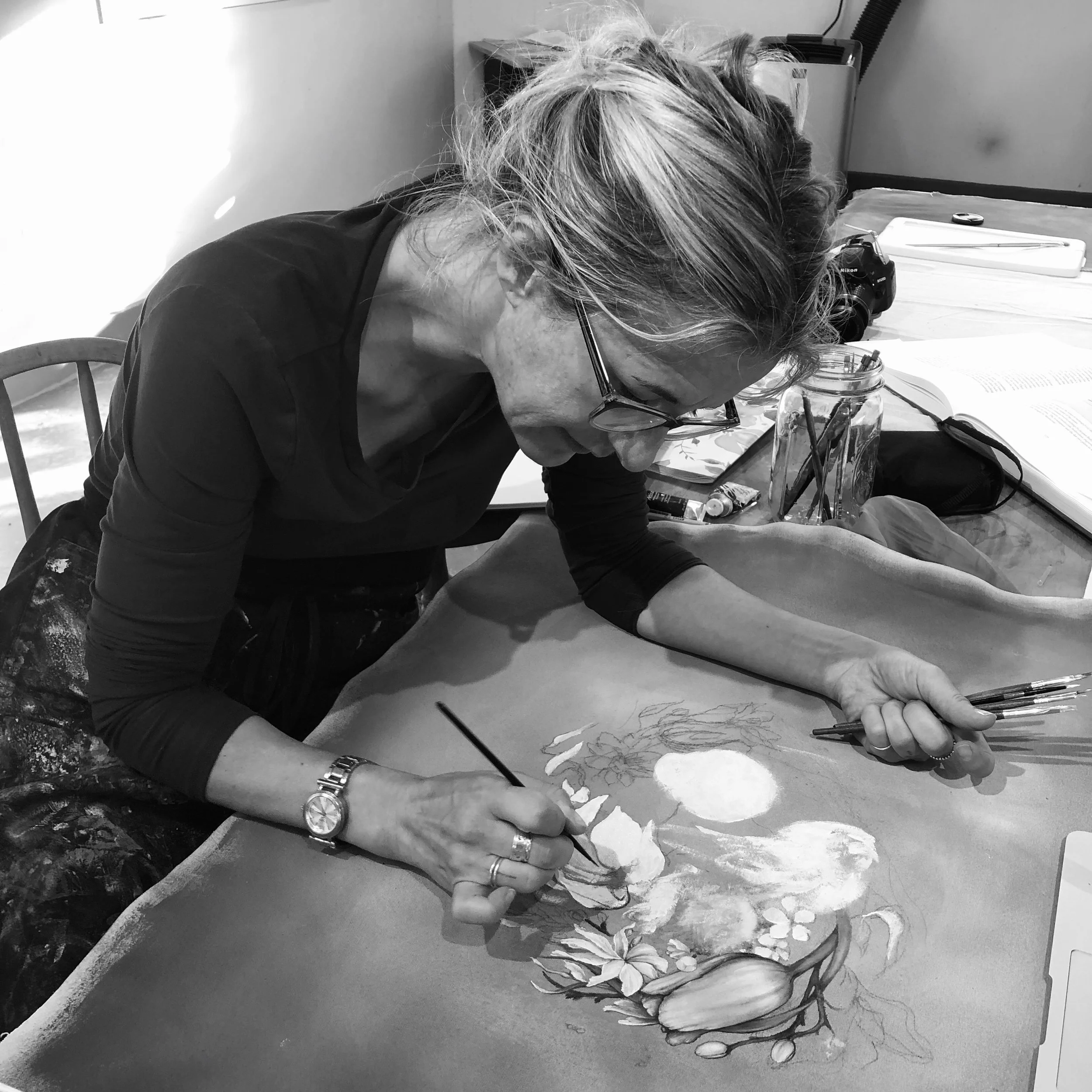  Photo of me working in the studio at the Oak Spring Garden Residency, where I poured through Bunny Mellon’s library in search of the early American (North, South, and Central) naturalists and their depictions of birds and flowers.   Image taken by D