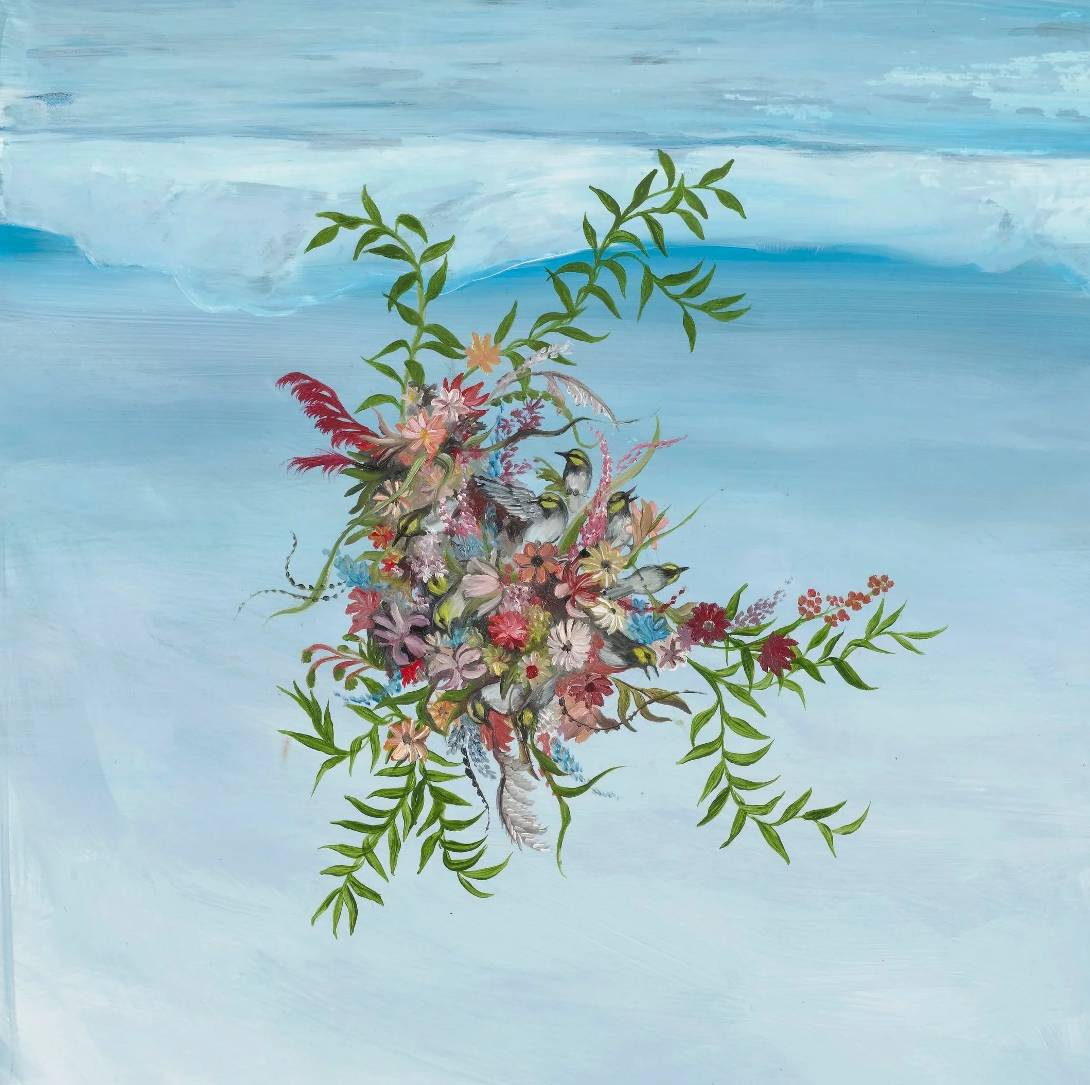   Gold Cheeked Warbler (study)   oil on yupo paper  13 × 13 inches  Oak Spring Garden Foundation Residency, 2019.  These tiny songbirds are crucial indicators of healthy habitats in Texas and are federally protected.  