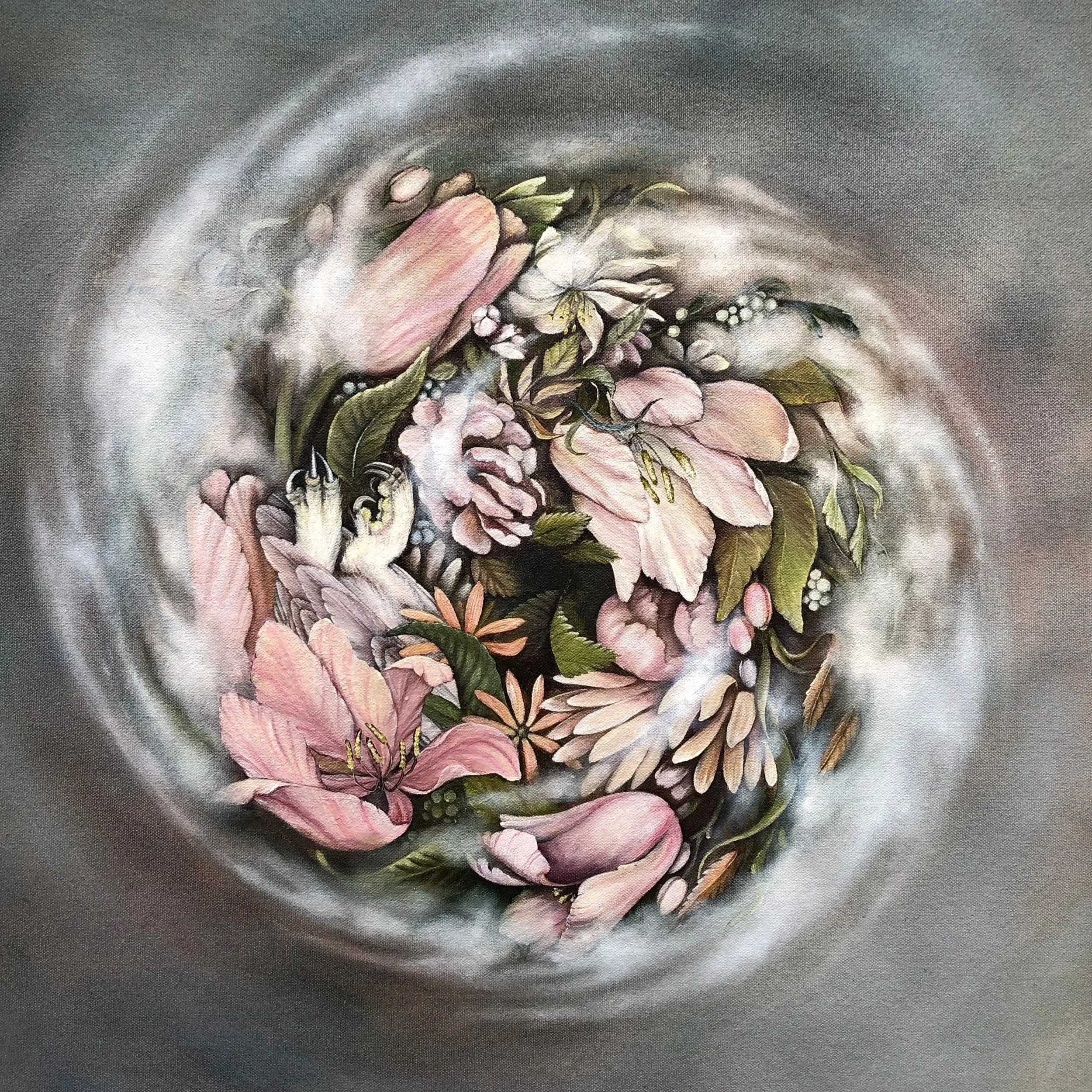   The Coming Storm   Oil on Canvas   24 × 24 inches  Collection of Judy Zatsick, OSGF Head Gardener  Oak Spring Garden Foundation residency, 2019.   Near the end of my research on bird naturalists at OSGF, I created this final piece exploring the ine