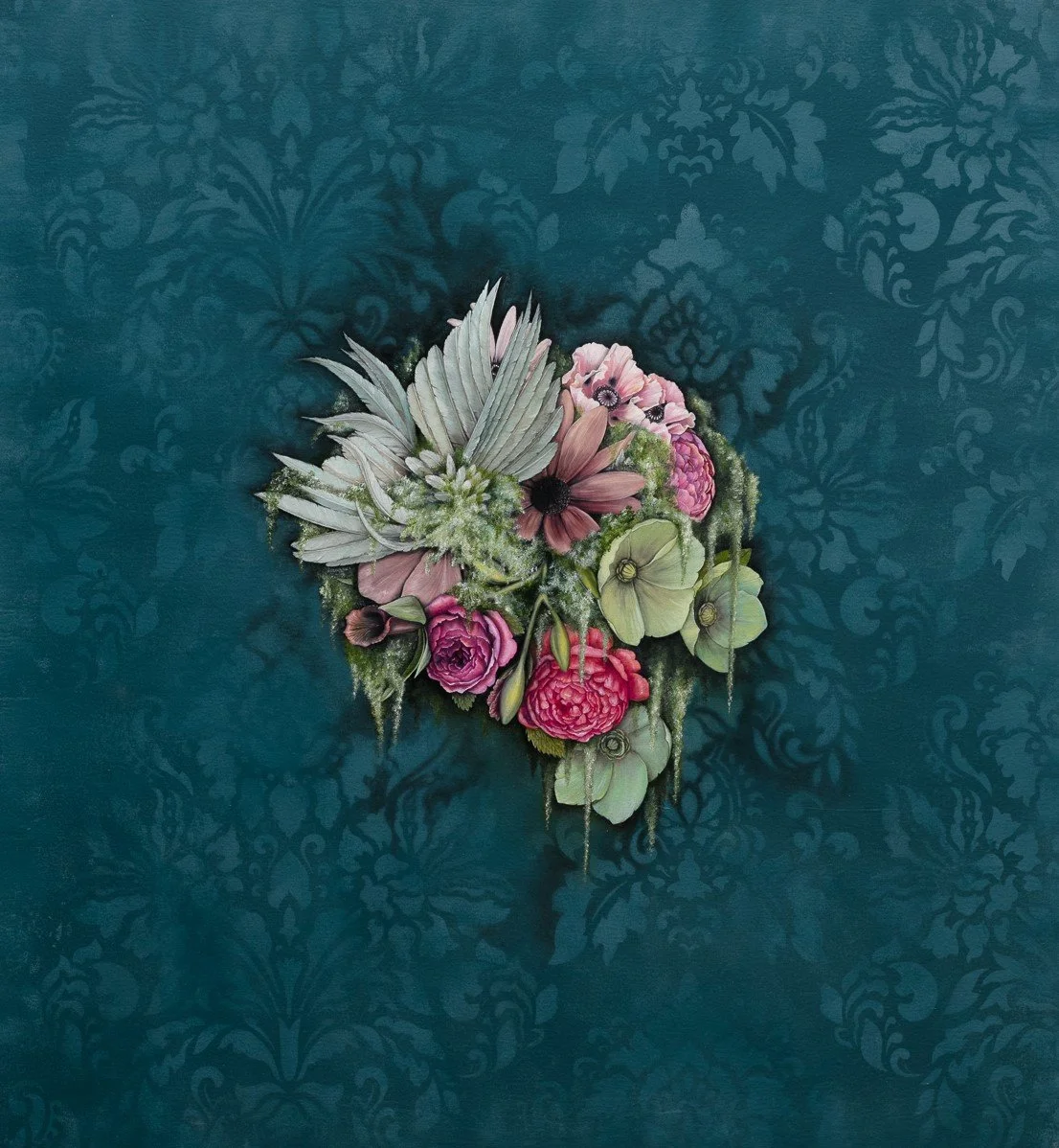   Mi Corazon   Oil and acrylic on canvas  40 × 40 inches  2020  This work was about all of the wildlife thriving during the Covid shutdown. Birdsongs were louder in many cities across the planet, and changing migration patters were monitored by scien