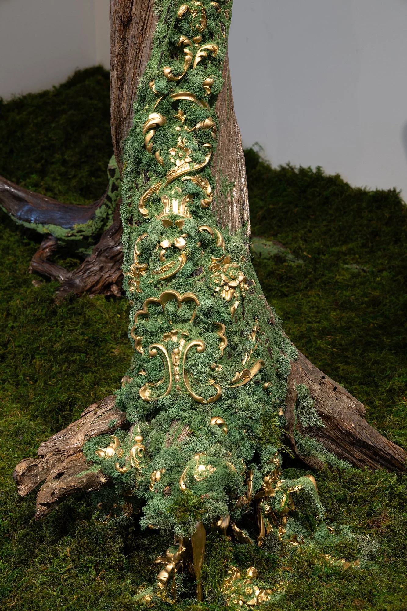    The Way is the Way    Ponderosa pine tree, moss, sawdust, appliques, paint  6 × 3 × 3 feet    Ancestor    Ponderosa pine tree, moss, sawdust  4 × 3 × 3 feet    Installation dimensions with moss: 10 × 10 × 2 feet 