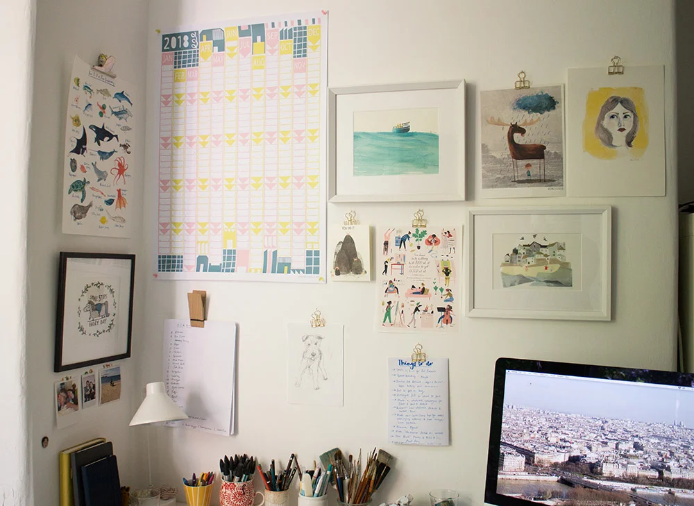 Prints L-R: 'Small Steps Every Day' by Katie Abey , 'An A-Z of Sea Creatures' by me, Wall Planner from Alison Hardcastle , 'Boat Folk' also by me, 'Moose' by Oliver Jeffers , 'Lady' by Mairi Dryden , 'You Did It!' from Redcap Cards , 'You have to be willing to be bad at it in order to get good at it' by Libby VanderPloeg , and 'Harbour Town' by Clover Robin .