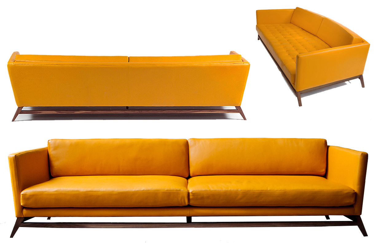 SOFA: LEATHER, HARDWOOD LEGS, MID CENTURY STYLING
