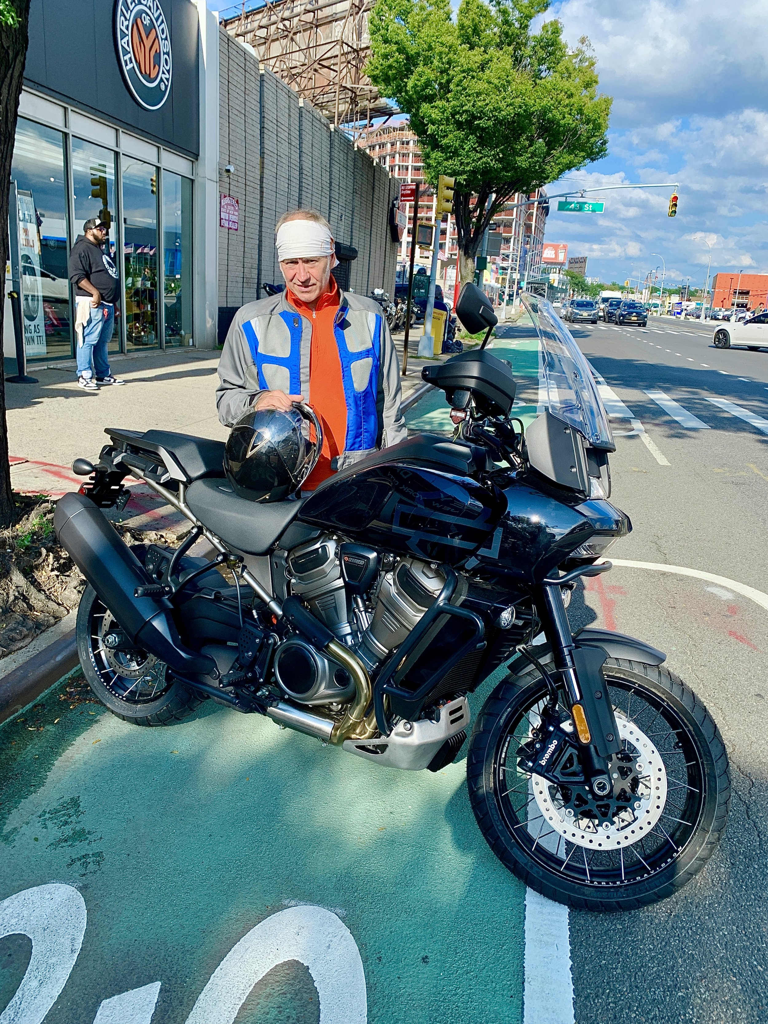 Original photograph of the Harley-Davidson Pan America 1250 captured immediately following a test ride in New York City, documenting the factory-spec motorcycle prior to design intervention by Daniele Perna Designs.