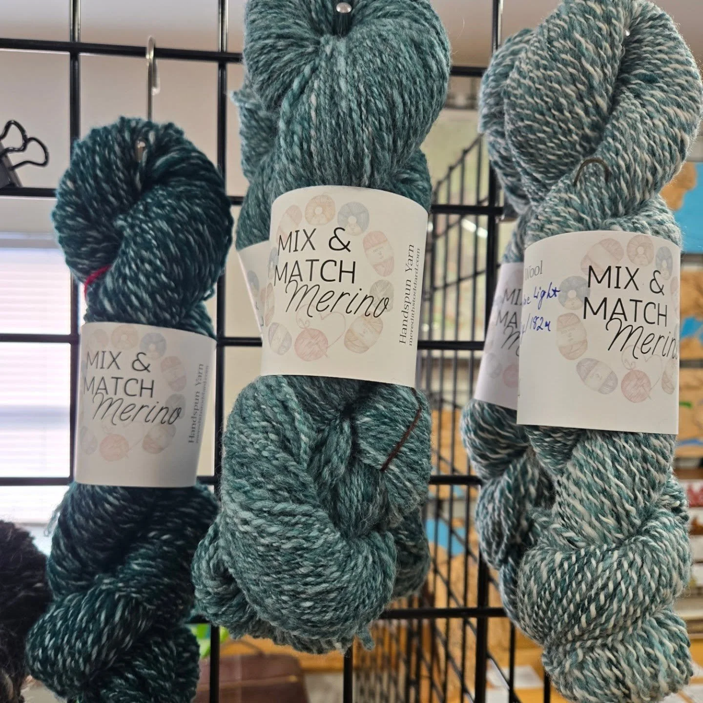 Officially in the shop (on the web store soon) the first colorway of the Mix &amp; Match Merino yarns. I'm calling this group 'Forest Skyline'. It's got bits of dark green, sky blue and white. The dark and light versions are plied with dark green and