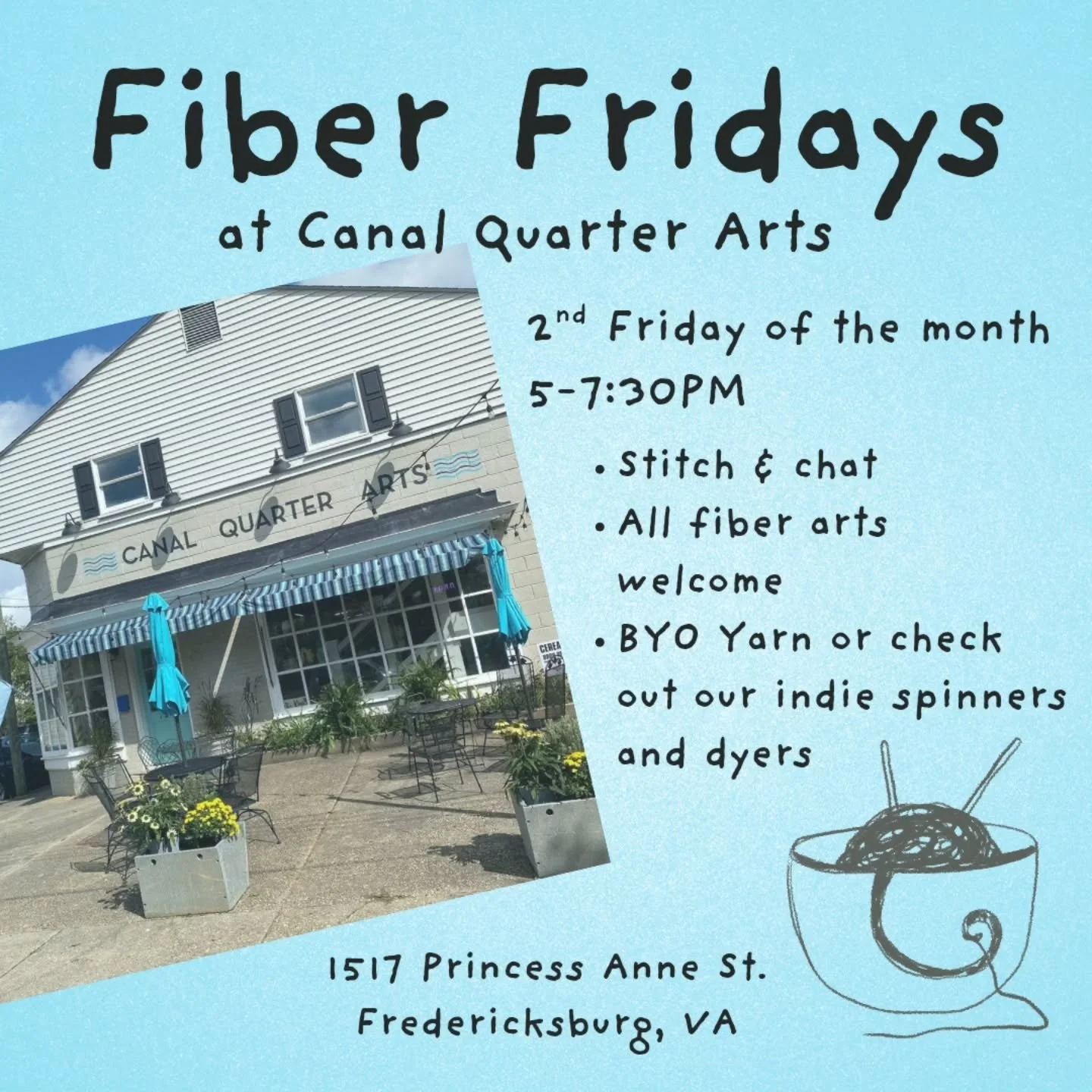 Hey! #fxbg crocheters, knitters, embroiderers, and other stitchers. Come join us @canalquarterarts for #fiberfridays Bring whatever you're working on and we can stitch and chat. #knittersofinstagram #crochetersofinstagram