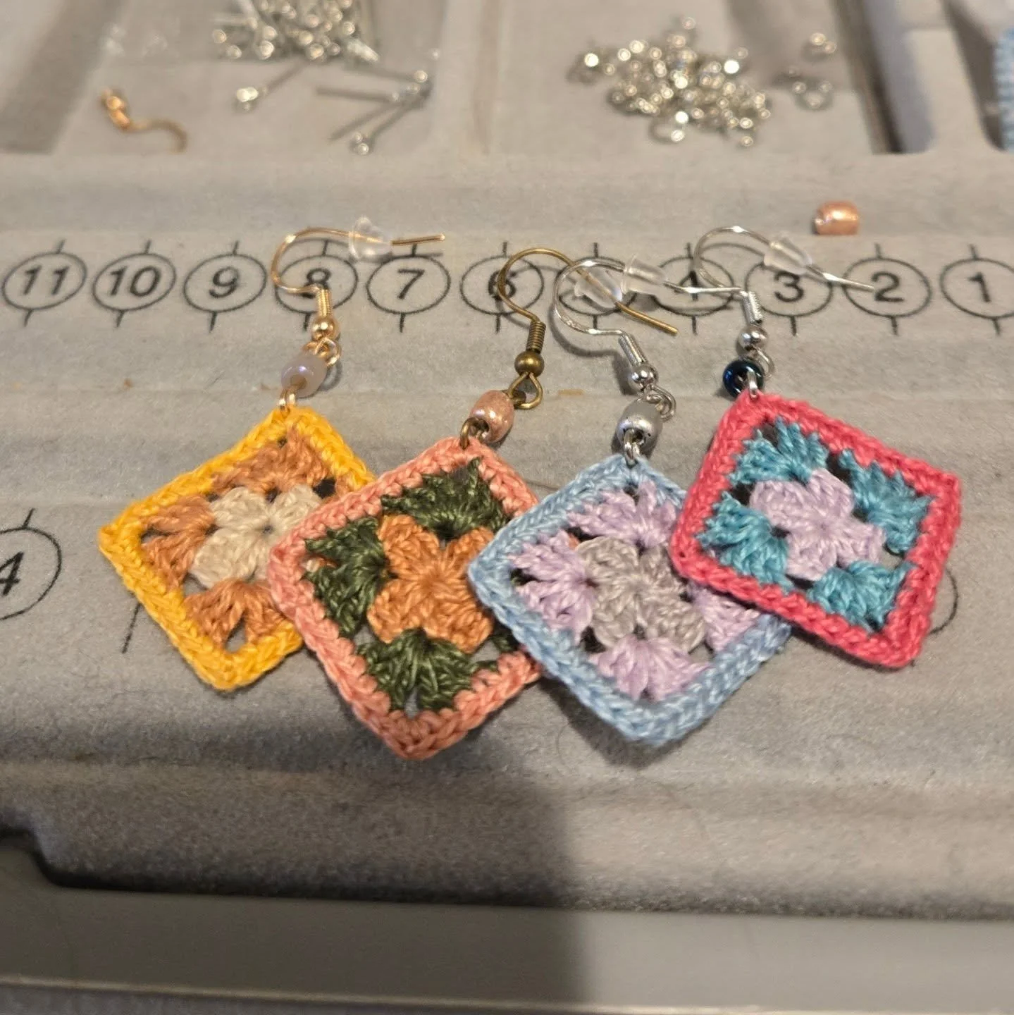 The weather is miserable outside, so I'm going to stay toasty warm and work on some micro crochet earrings among other things. #microcrochetjewellery #grannysquares #crochetersofinstagram
