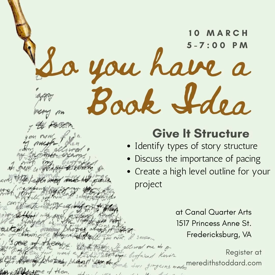 We had a fantastic time Laying the Groundwork last week. Next month we'll be talking about story structure and how it can keep readers turning pages. Register on my website for this in-person writing workshop in Fredericksburg, VA.

https://www.mered