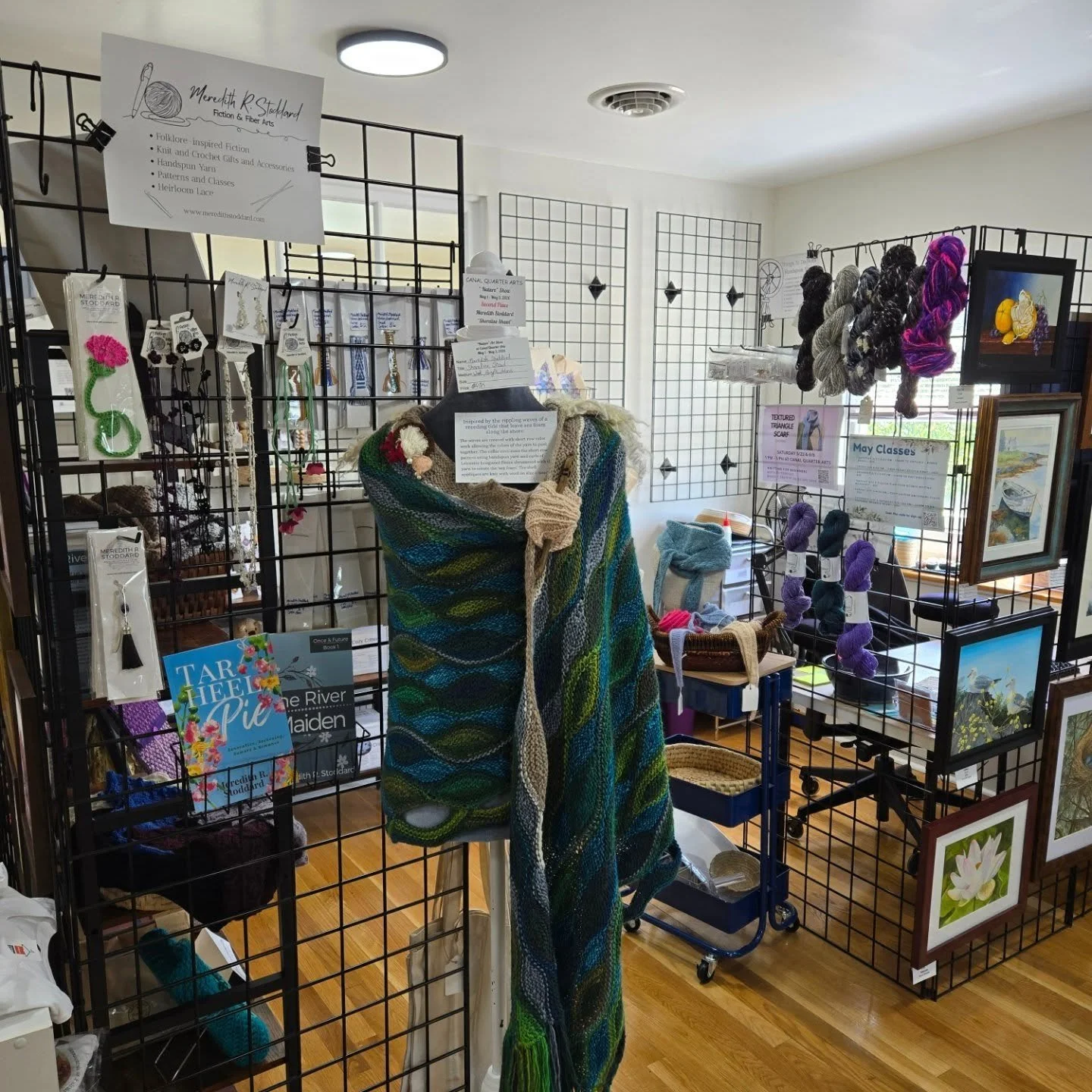 The Nature show may be over @canalquarterarts, but you can still see the Shoreline Shawl in my space (upstairs). And with #mothersday coming up, you can choose from my jewelry, light and lacy scarves, or gift your mom one of my classes. The schedule 