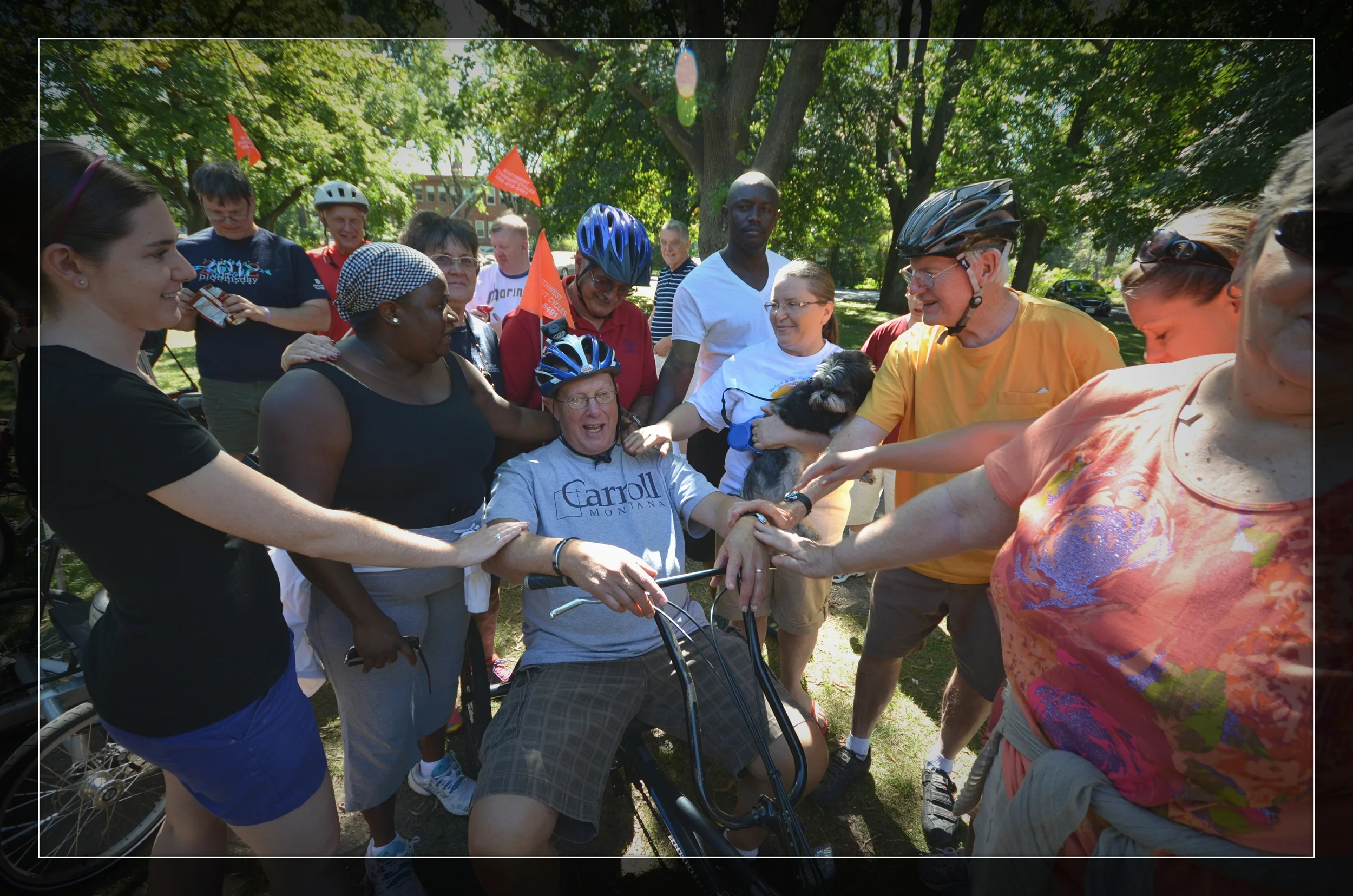 Blessing live out assistant, Jim Olson before his Annual Bike Ride Fundraiser.