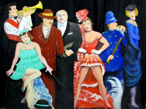 Gangster cutouts- 7 assorted gangster and jazz era cutouts. One sided on wood. From 5-6' tall.