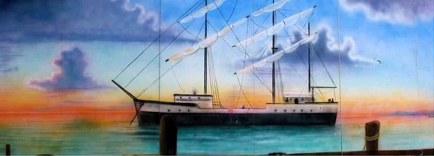 Tall Ship Haror Scene: Tall Ship Scene on the water. Measuring 8' tall and 24' wide, foamcore.