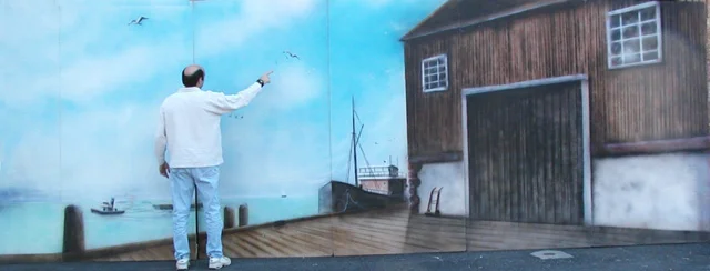 Harbor Dock and Shed: Dock Scene with Shed. Measuring 8' tall and 24' wide, foamcore.