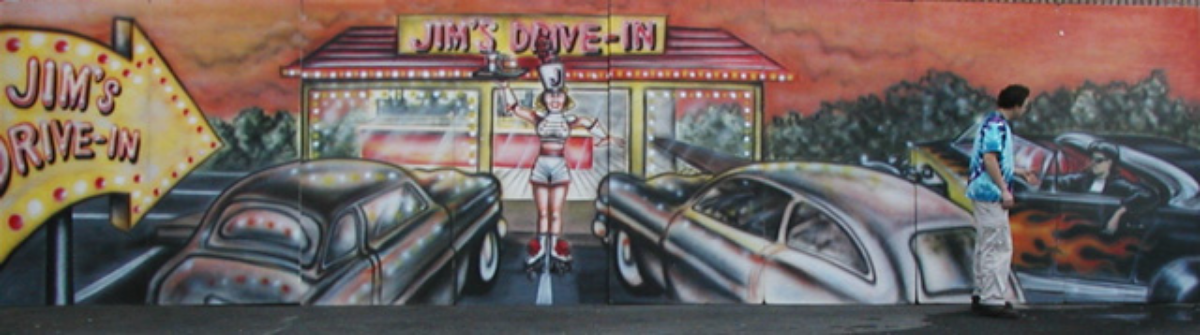 Jim's Drive In- Pull up your car, get your snacks and be served by the roller skating car hop girl. This foamcore piece measures 8'tall and 32' wide.