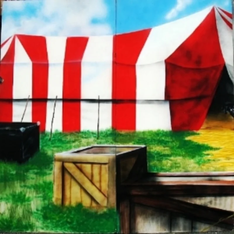 Small Tent 1: A small scene that shows the outside of a red and white striped tent. Measures 8' tall and 8' wide, foamcore.