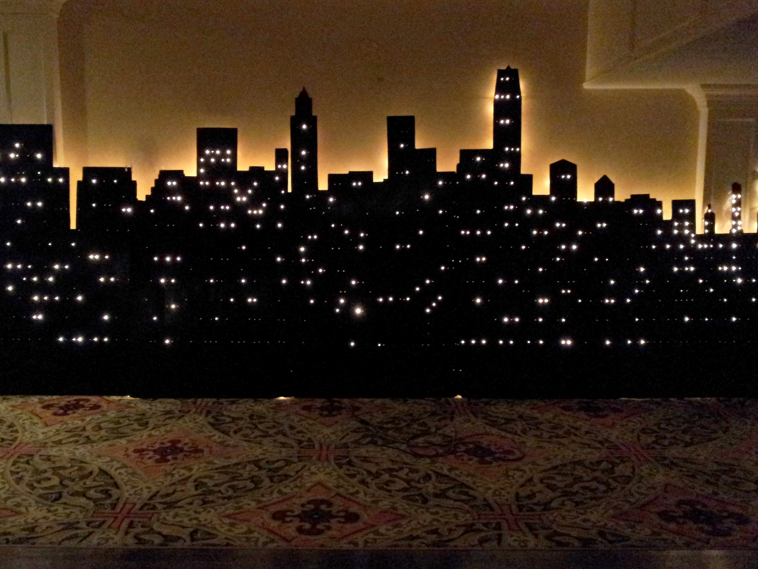 New York City Sky Scenery- Wood, measures 20 ft wide and varies height from 6 to 8 ft high with lights