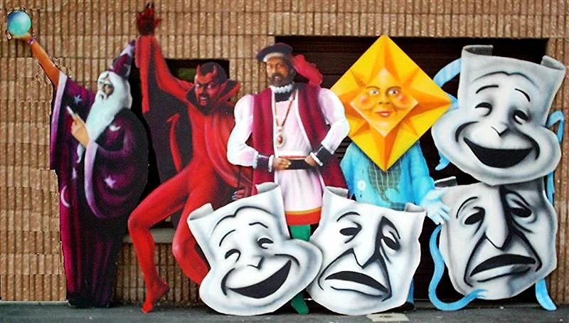 Assorted foamore cutouts: Comedy/Tragedy masks (1 vertical, 1 horizontal), Wizard, Devil, Prince, Mr. Weather