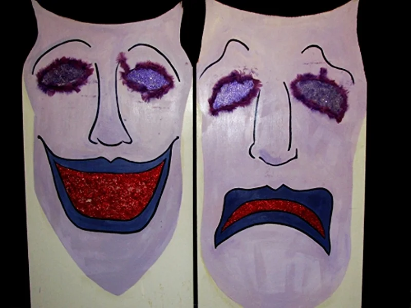 Comedy and Tragedy Masks: One sided on wood, approx 36" wide and 6' high.