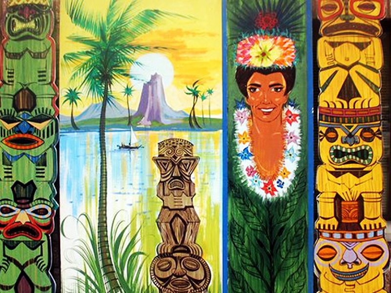 Assorted Tiki items: pieces or foam core. All about 8' tall. 1 Scene and 3 Totem poles.
