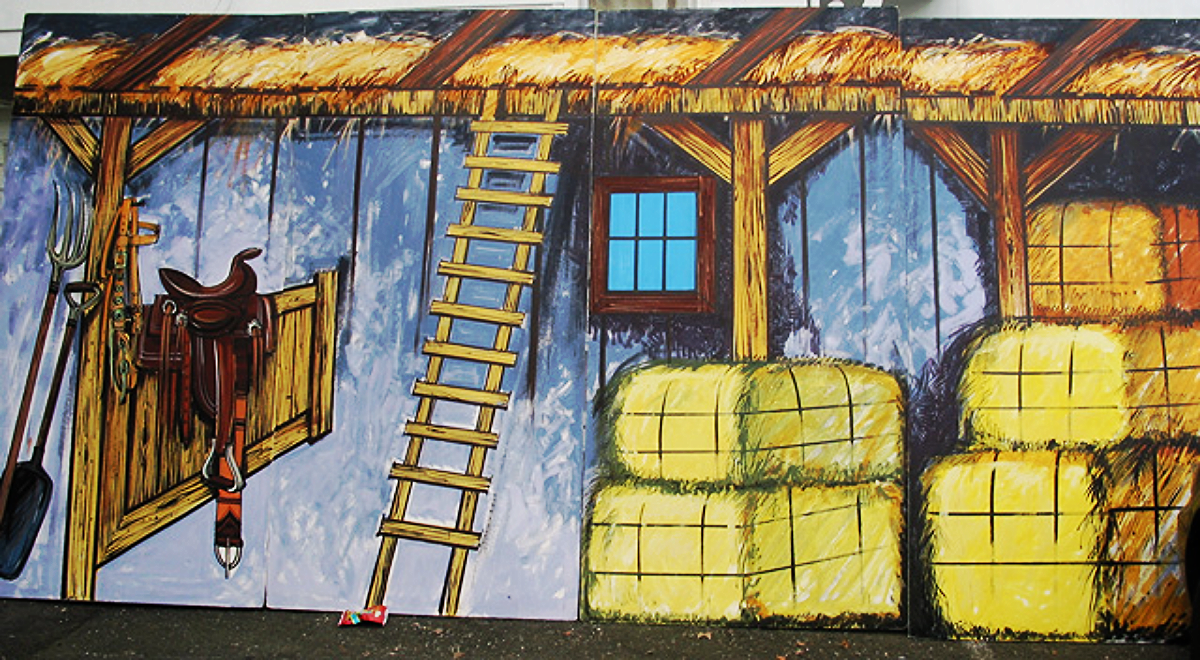 Western Barn Interior: measures 8' high and 16' wide, foamcore.
