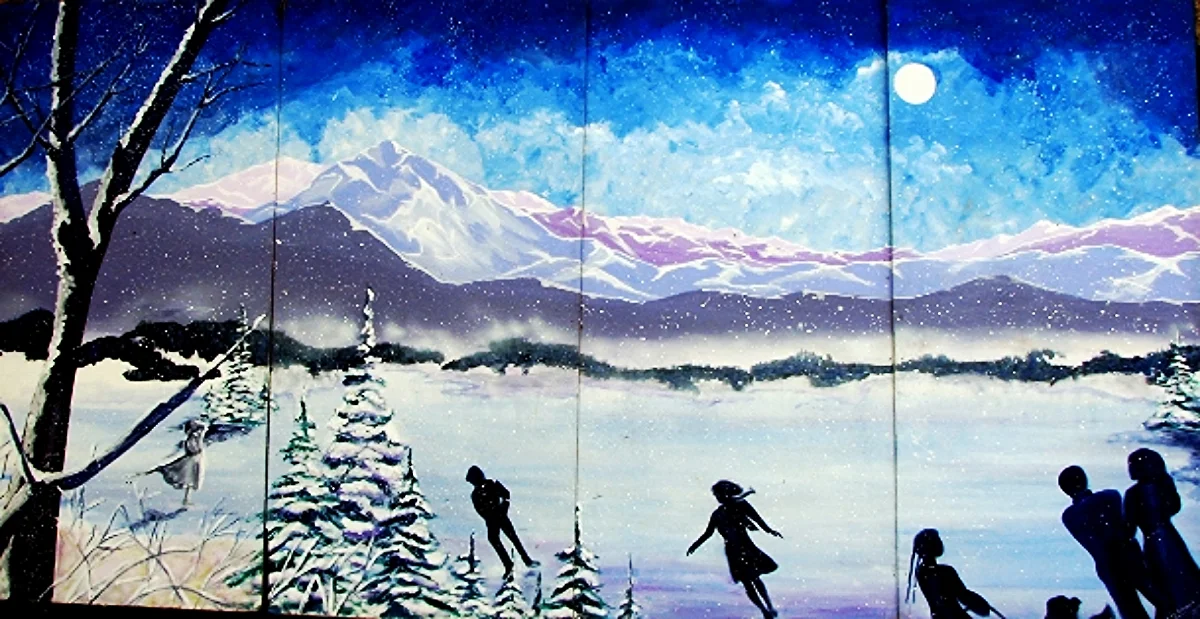 Winter Wonderland Scene: measures 8' high and 16' wide, painted on wood. 