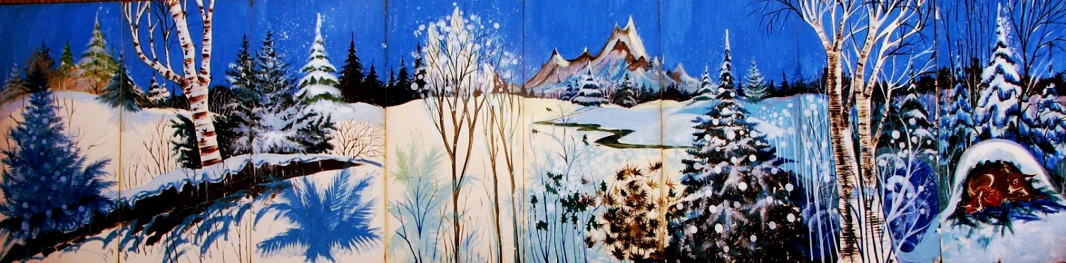 Winter Scene 2: m easures 8' high and 32' wide, foamcore.