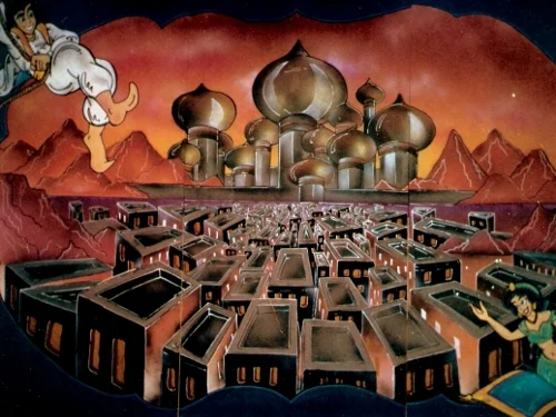 Alladin Scene: hand painted on wood. Measures 8' high and 12' wide.