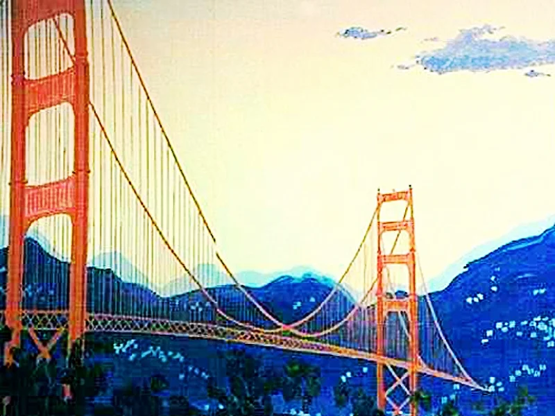 Golden Gate Bridge Scene: measures 8' high and 16' wide, wood.