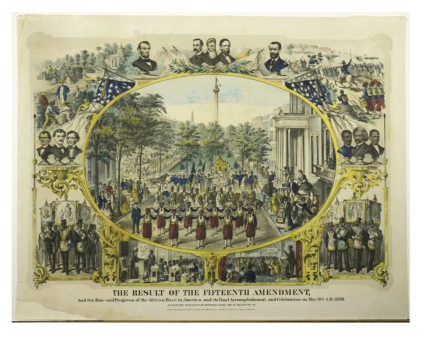 Hand colored lithograph print commemorating the passage of the Fifteenth Amendment containing a large central scene of the celebratory parade held in Baltimore in May surrounded by several bust portraits and vignettes. Source: The Library Company of Philadelphia
