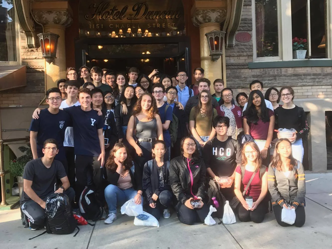 The Speech and Debate team outside of the Duncan Hotel at the 2017 Yale Invitational. 