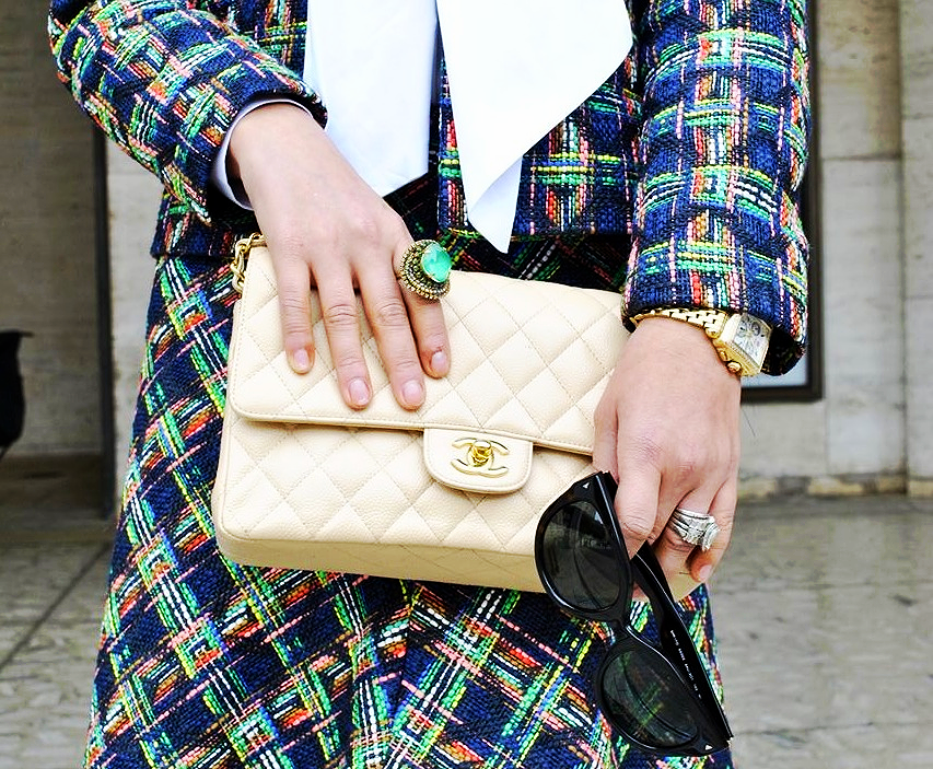 Zara suit, ASOS blouse, Erickson Beamon ring, Chanel bag, Prada sunglasses