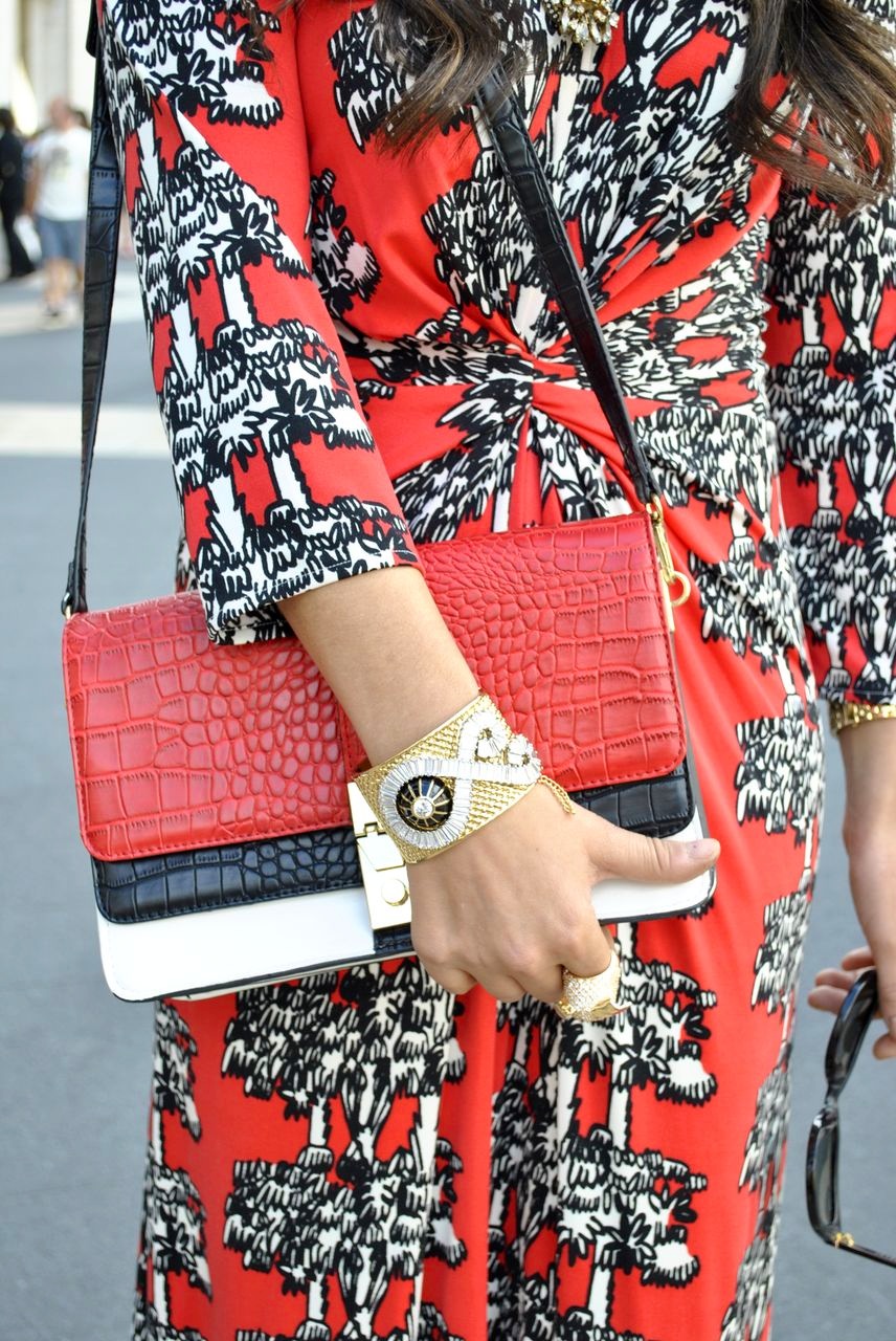 Issa London dress, Zara bag, Rachel Zoe cuff, Noir ring