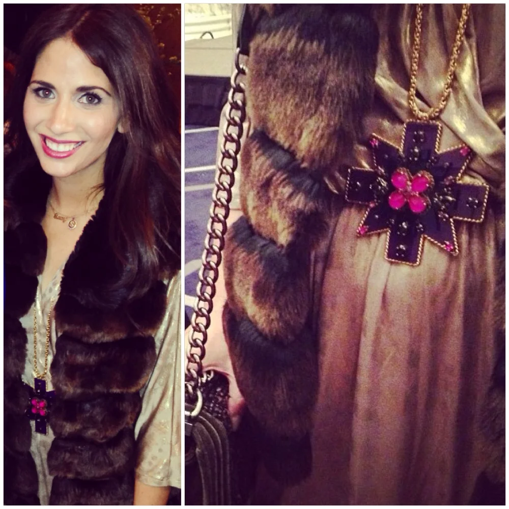 Faux Fur Vest: Aqua, Gold Dress: BCBG, Necklace: Erickson Beamon for Anna Sui, Bag: Chanel