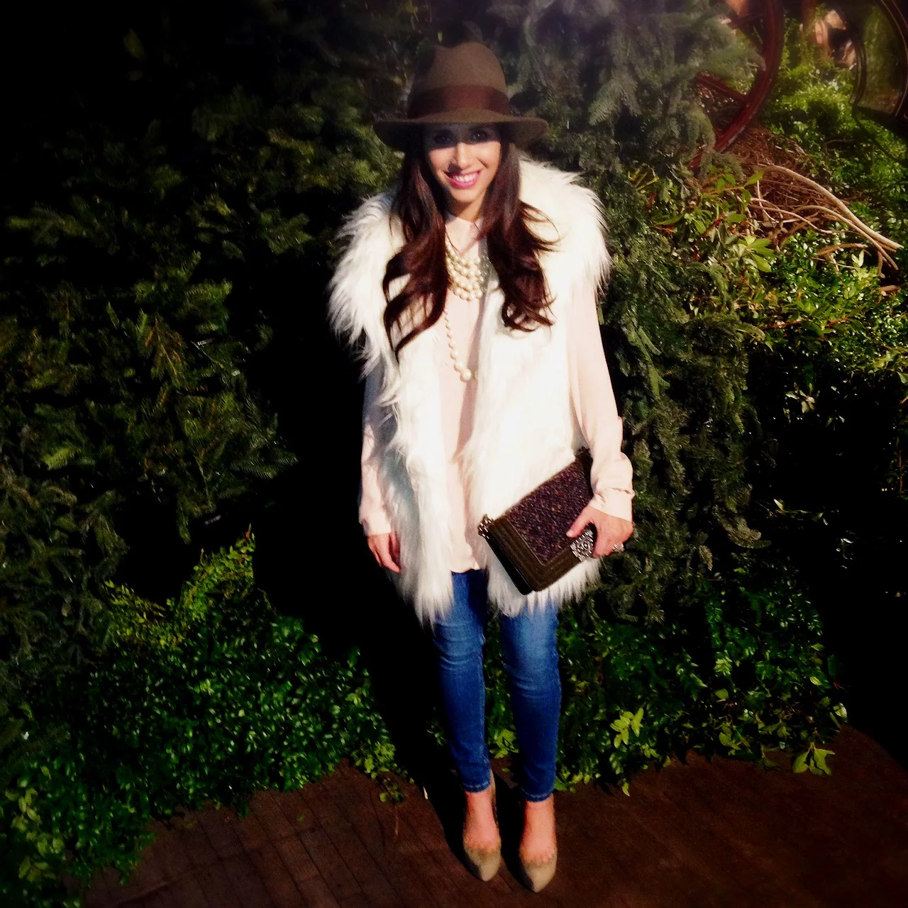 Hat: Laird & Co, Vest: Johnny Was, Blouse: ASOS, Jeans: ASOS Maternity, Pearls: Carolee, Shoes: Jeffrey Campbell, Bag: Chanel