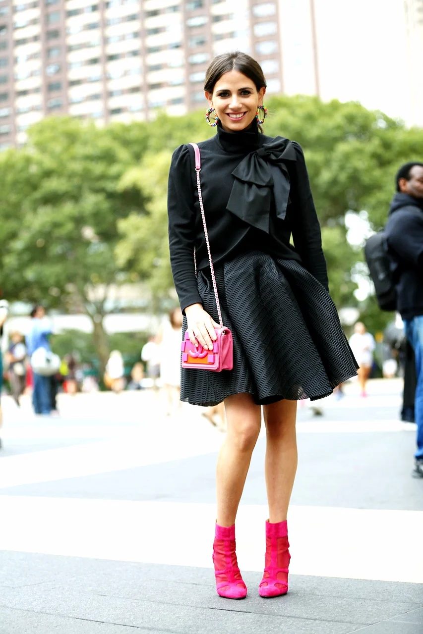Earring: Erickson Beamon, Dress: Maje, Jacket: Alice and Olivia, Bag: Chanel, Bootie: AskA Collection Photo: Photodama