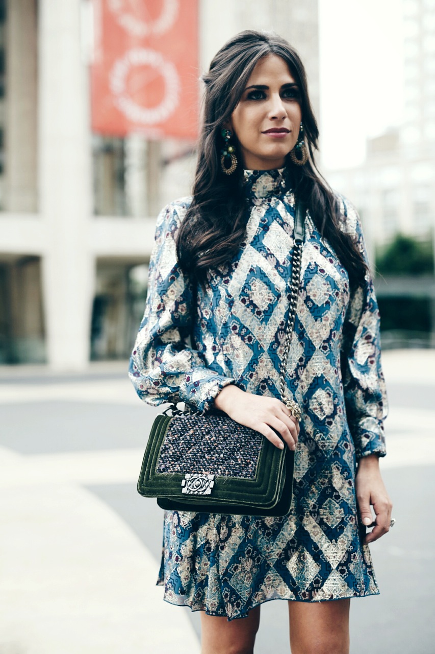 Earring: Erickson Beamon, Dress: Anna Sui Bag: Chanel Photo: Photodama