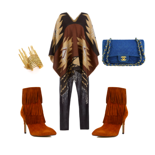 Poncho: New Look Brown Aztec Print Fringed Hem Poncho , $31 Trousers: Zara Skinny Leather Look Trousers , $50 Bag: Chanel Pre-Owned Chanel Blue Denim Medium Classic Flap , $2499 Cuff: Erickson Beamon My Beloved Cuff , $640