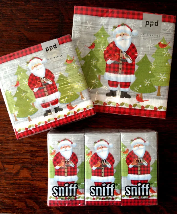 A Santa Claus design created by Liz Leines. Napkins and tissues with my art licensed to Paper Products Design.