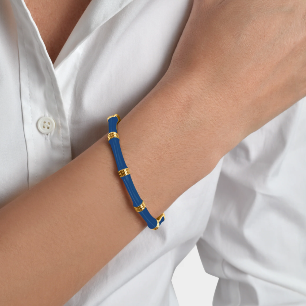 Anabel Aram Mediterranean Blue Enamel Bamboo Hinged Bangle