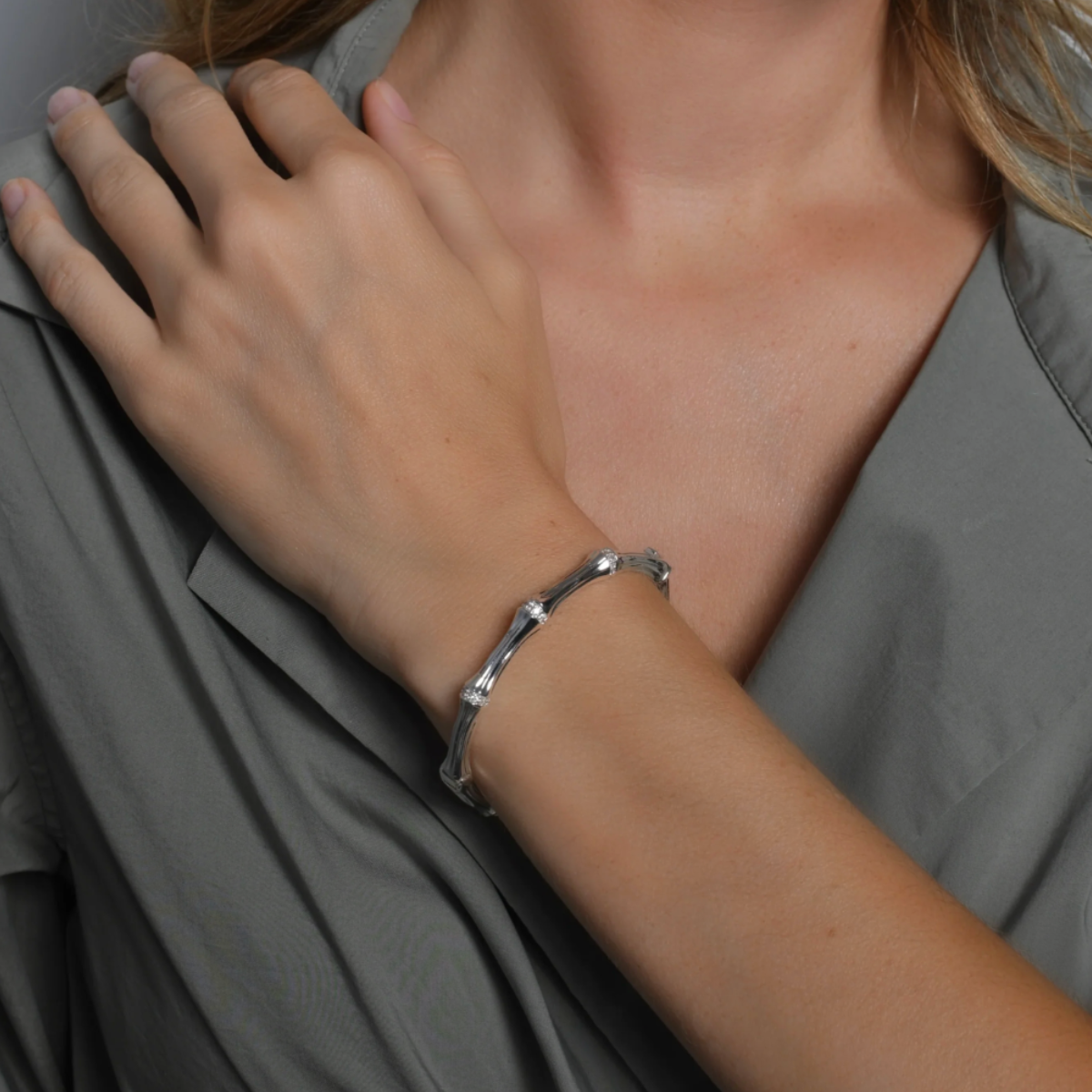 Silver Plated Bamboo Hinged Bangle