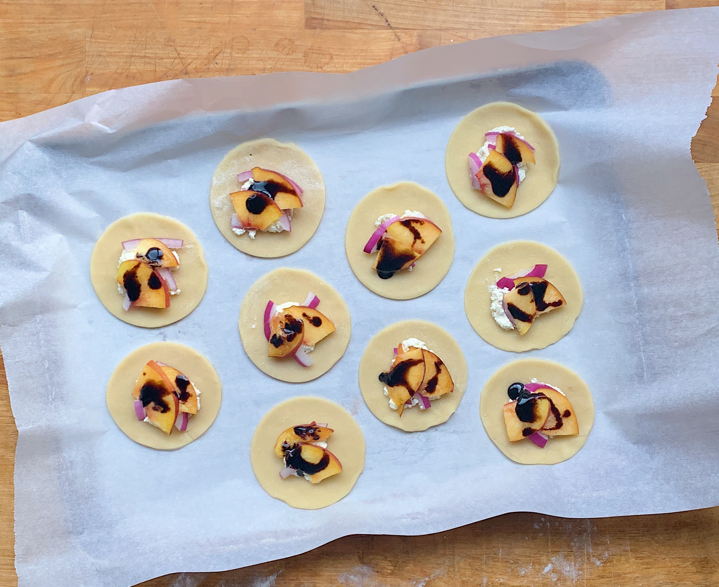 peach + red onion &amp; ricotta mini galettes