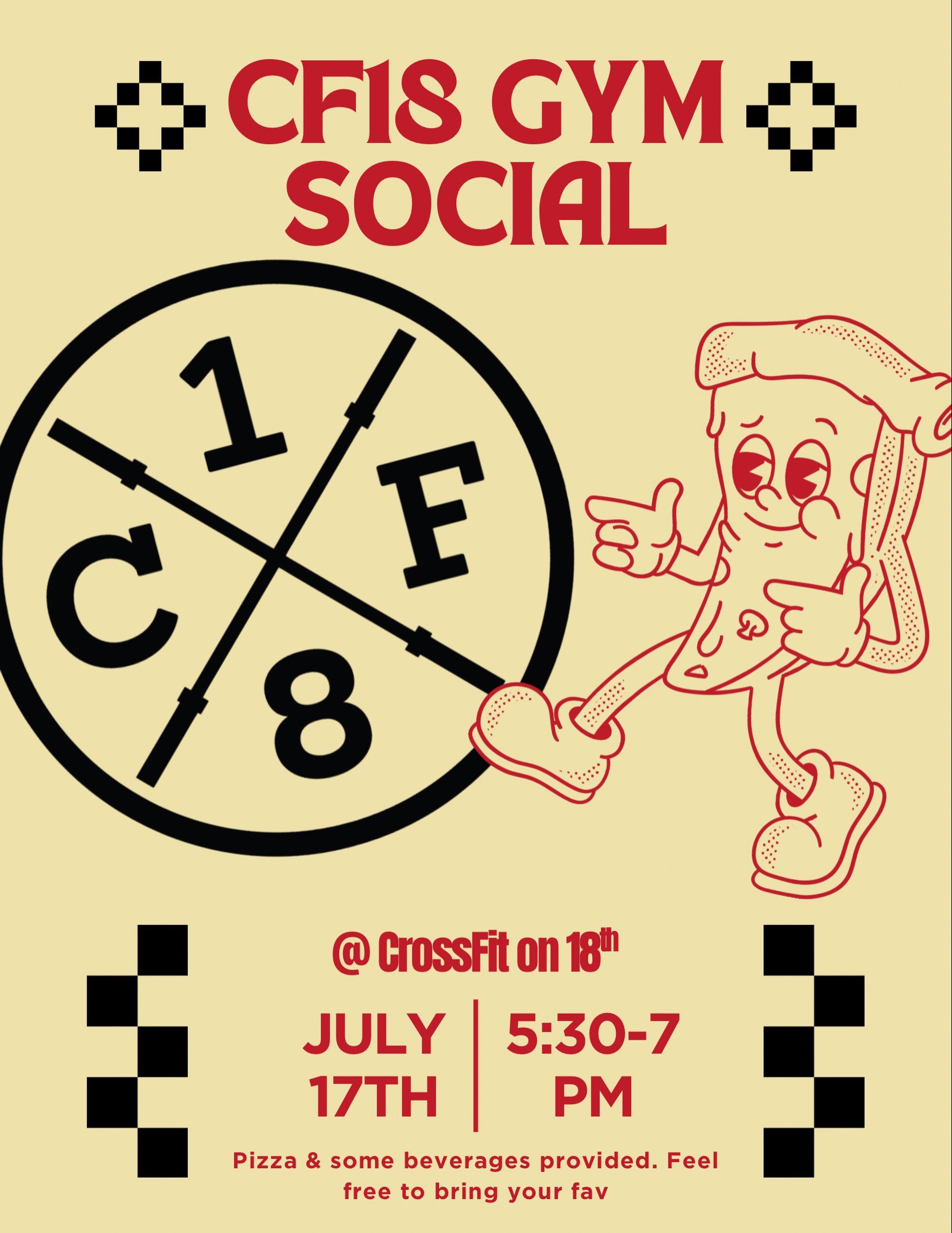 Friday July 17th there will only be an open gym class at 4:30pm. Then come join us for fun!! 
&bull;
Pizza and some beer provided. Feel free to bring your favorite beverage. 
&bull;
@ 7pm we will hop around the crossroads to surrounding bars. We woul