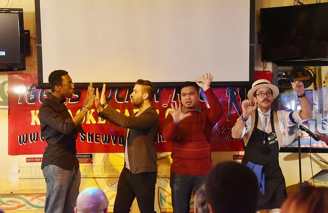 For the Times performs Gus Curry's (far right) arrangement of "For the Times, Too " at Tin Pan Alley 2015. Photo by Steve Severinghaus .